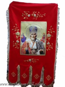 coatings , church, embroidery, velvet , crosses , flowers, icon , clothing, caul , red, St Nicholas , flag