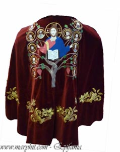 embroidery, velvet , crosses, icons , snails, tree of life , priest, priests , red, heads , hats