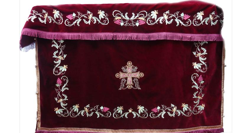 Holy table red cover with grapes and flowers embroideries